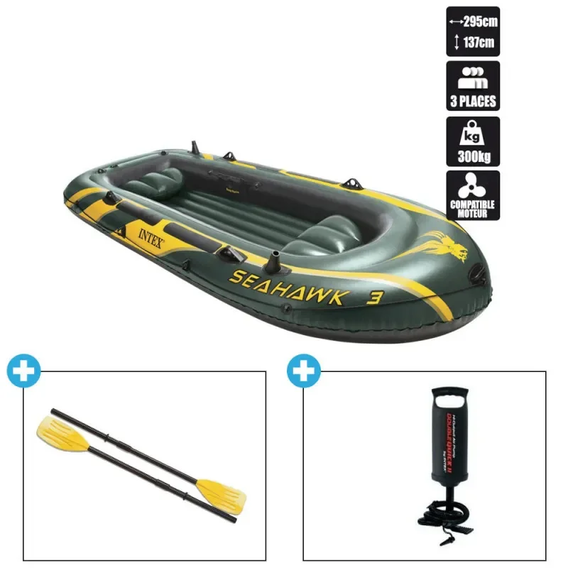 Vente Flash BATEAU GONFLABLE INTEX SEAHAWK 3 + 2 AVIRONS + GONFLEUR